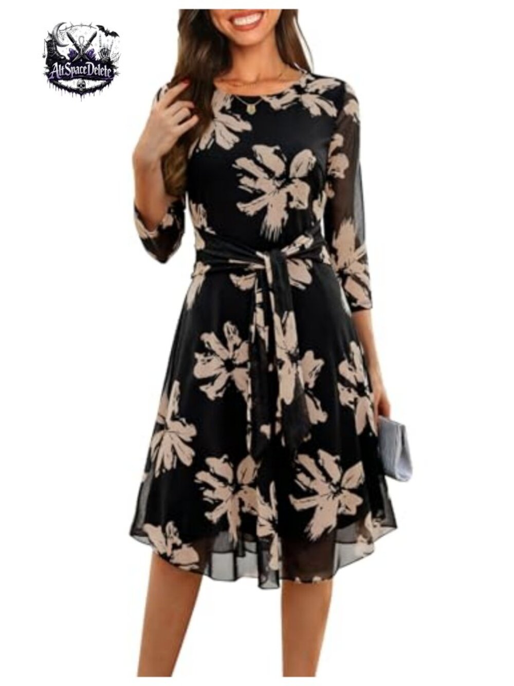 Womens Floral Mesh 3/4 Sleeve Midi Dress A-Line Tie Belt Wedding Guest